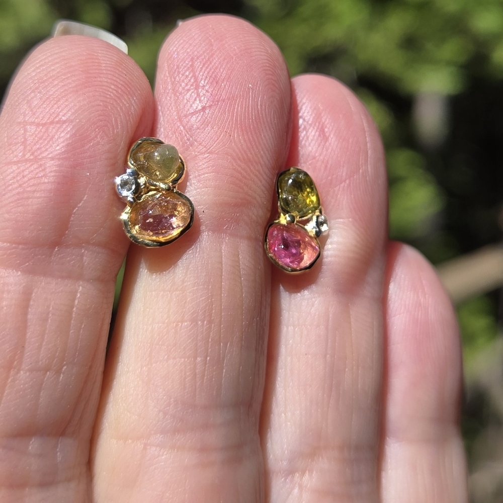 Tourmaline & Topaz Natural Gemstone Sterling & Gold Earrings - Picture 5 of 8